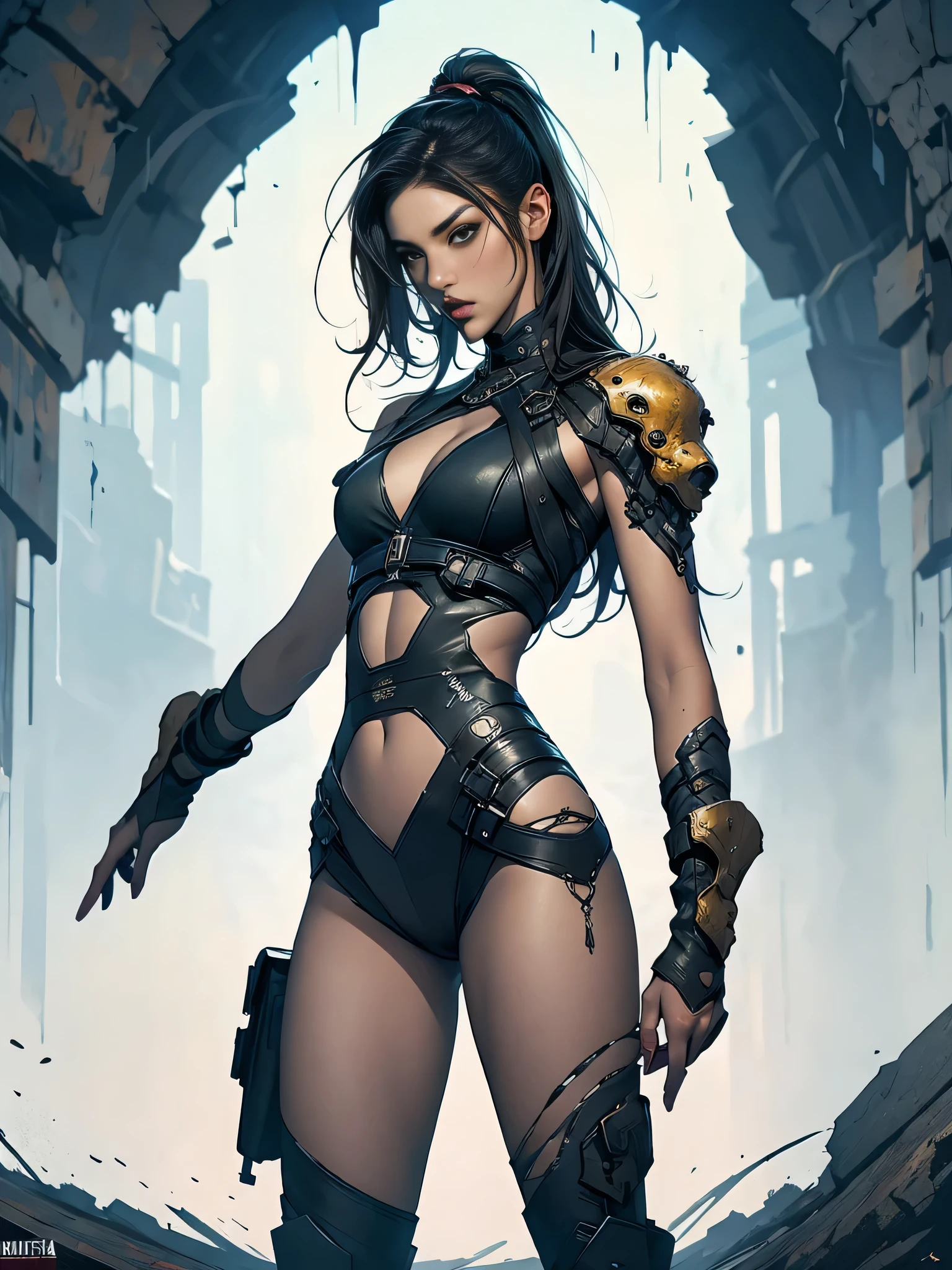 dark and torn, muscular body, fierce expression, holding a weapon, standing in a desolate wasteland, dramatic lighting, intense shadows, gritty texture, high contrast, vibrant colors, dynamic pose, powerful stance, rugged background, explosive atmosphere, dystopian theme, surreal elements, digitally painted illustration, HD resolution, intricate details, dramatic composition, edgy and chaotic brushstrokes, Gothic style, intense emotions, epic scale, raw and gritty feel, captivating and provocative artwork. (colores, calidos, anaranjado, amarillo, violeta:1.3)