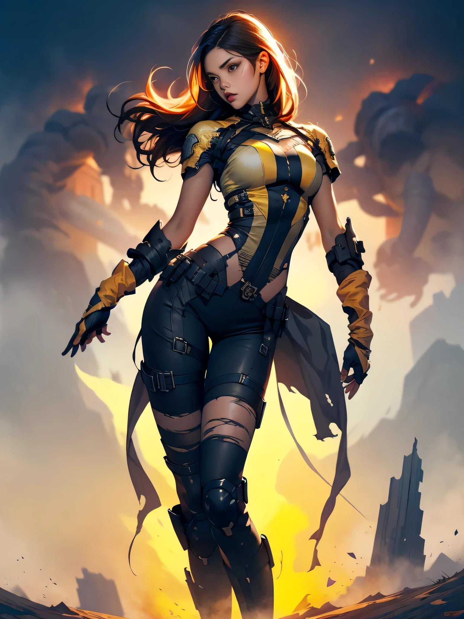 dark and torn, 1 young beautiful muscular body, fierce expression, holding a gun, (colors on her clothes, warm, orange, yellow, violet:1.3), standing on a desolate wasteland, dramatic lighting, intense shadows, sandy texture, tall contrast, vibrant colors, dynamic pose, powerful stance, rugged background, explosive atmosphere, dystopian theme, surreal elements, digitally painted illustration, HD resolution, intricate details, dramatic composition, avant-garde and chaotic brush strokes, gothic style, intense emotions, epic scale, raw and gritty feel, captivating and provocative artwork.