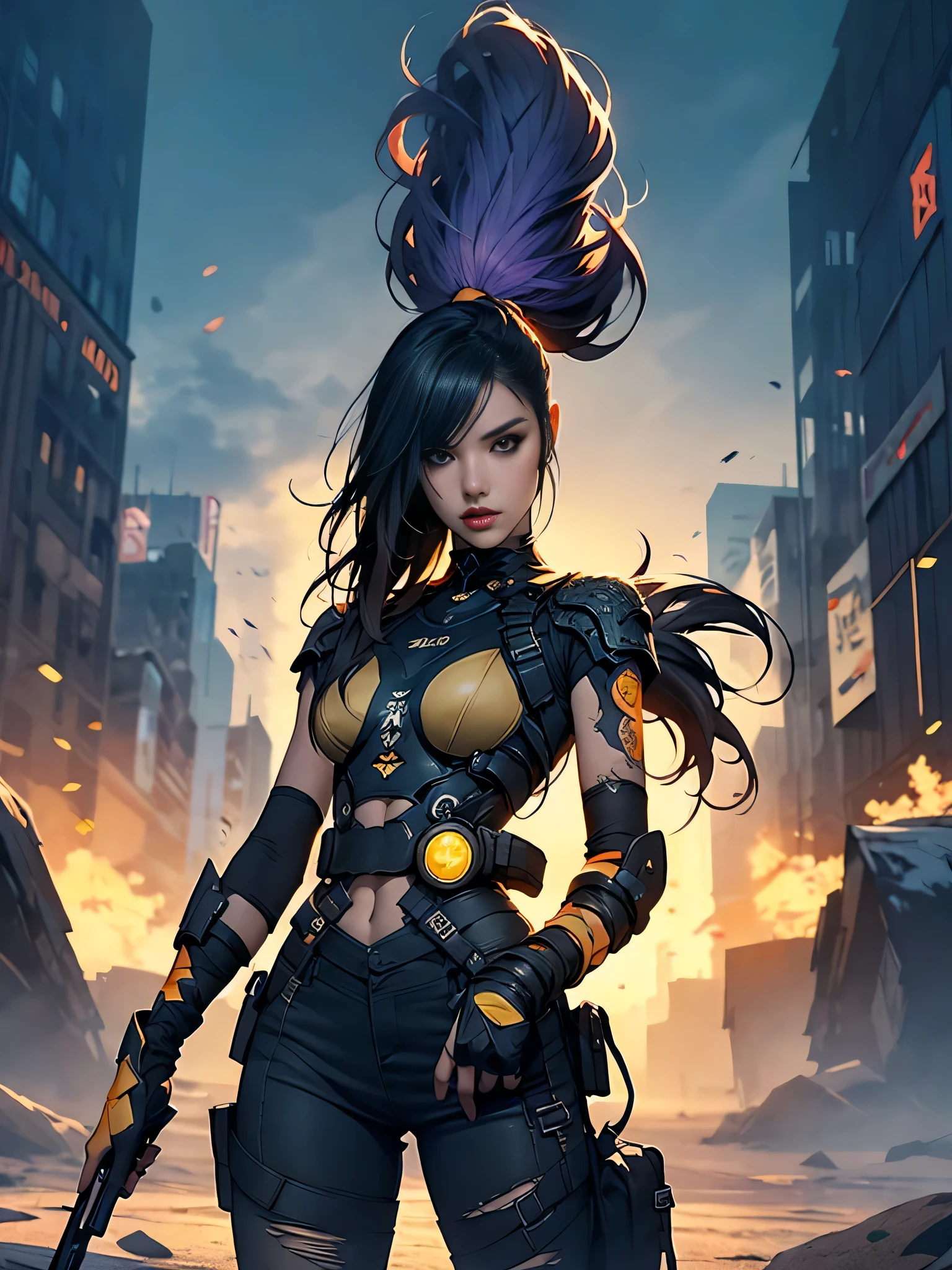 dark and torn, 1 young beautiful muscular body, fierce expression, holding a gun, (colors on her clothes, warm, orange, yellow, violet:1.3), standing on a desolate wasteland, dramatic lighting, intense shadows, sandy texture, tall contrast, vibrant colors, dynamic pose, powerful stance, rugged background, explosive atmosphere, dystopian theme, surreal elements, digitally painted illustration, HD resolution, intricate details, dramatic composition, avant-garde and chaotic brush strokes, gothic style, intense emotions, epic scale, raw and gritty feel, captivating and provocative artwork.