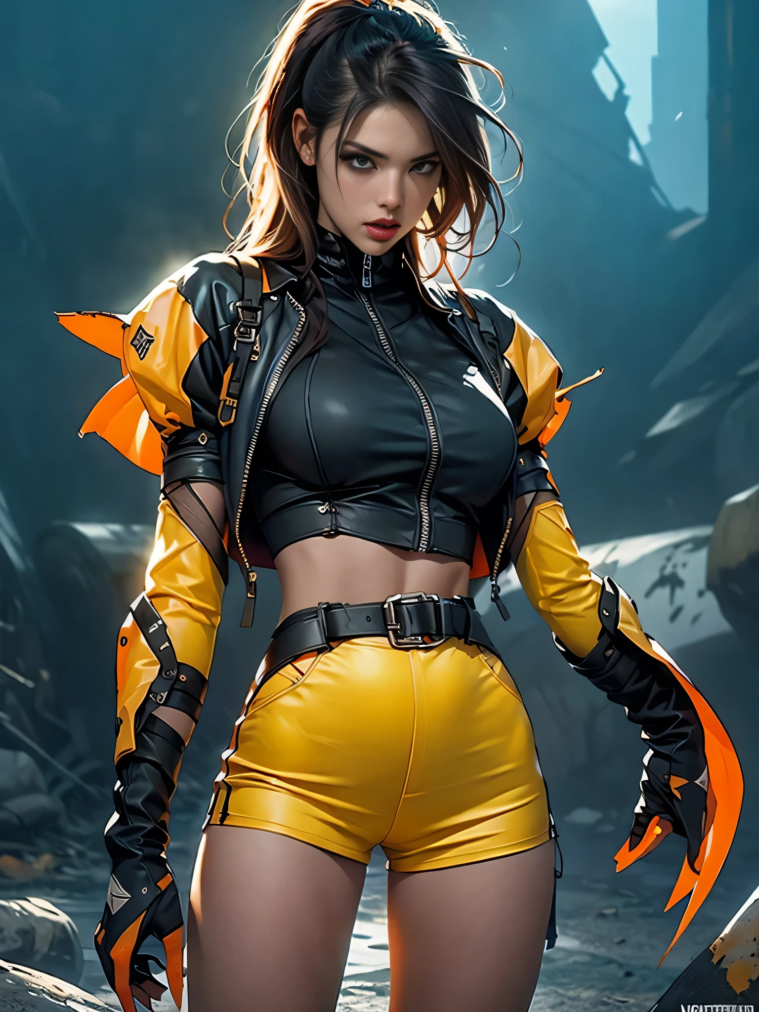 dark and torn, 1 young beautiful muscular body, fierce expression, holding a gun, (colors on her clothes, warm, orange, yellow, violet:1.3), standing on a desolate wasteland, dramatic lighting, intense shadows, sandy texture, tall contrast, vibrant colors, dynamic pose, powerful stance, rugged background, explosive atmosphere, dystopian theme, surreal elements, digitally painted illustration, HD resolution, intricate details, dramatic composition, avant-garde and chaotic brush strokes, gothic style, intense emotions, epic scale, raw and gritty feel, captivating and provocative artwork.