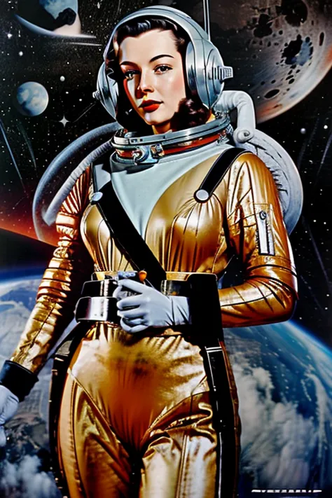 the cover of an old pulp space sci-fi book from the 1940s featured a beautiful woman in a sexy astronaut helmet and a pulp-style...