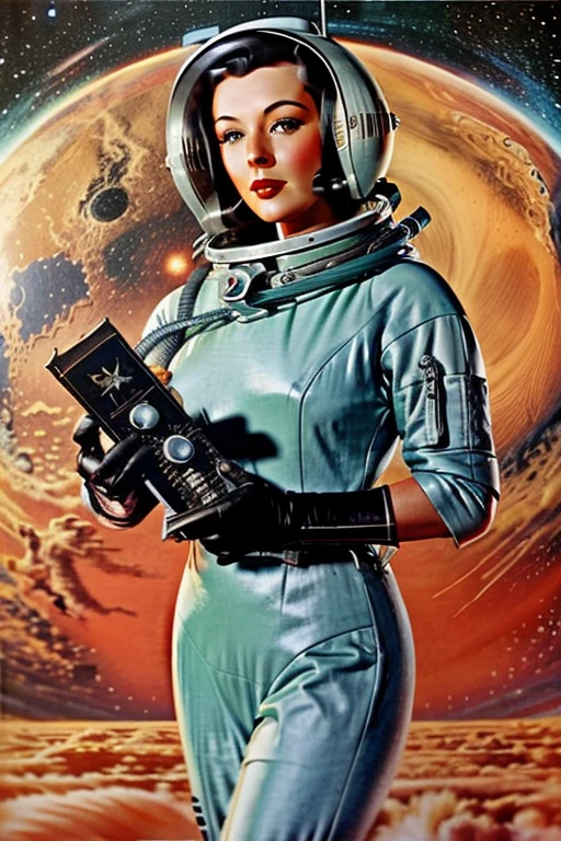 The cover of an old pulp space sci-fi book from the 1940s featured a beautiful woman in a sexy astronaut helmet and a pulp-style space jacket.