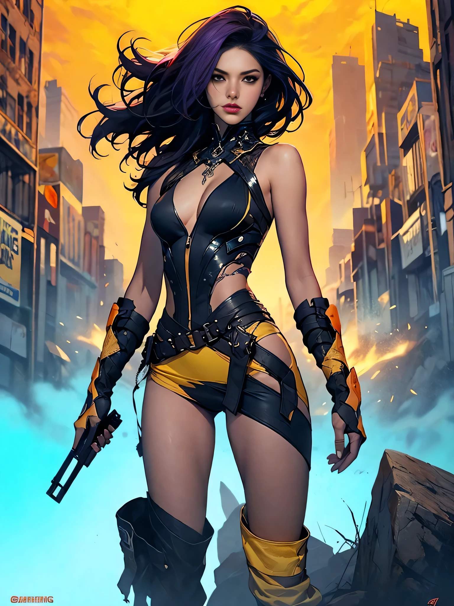 dark and torn, 1 young beautiful muscular body, fierce expression, holding a gun, (colors on her clothes, warm, orange, yellow, violet:1.3), standing on a desolate wasteland, dramatic lighting, intense shadows, sandy texture, tall contrast, vibrant colors, dynamic pose, powerful stance, rugged background, explosive atmosphere, dystopian theme, surreal elements, digitally painted illustration, HD resolution, intricate details, dramatic composition, avant-garde and chaotic brush strokes, gothic style, intense emotions, epic scale, raw and gritty feel, captivating and provocative artwork.
