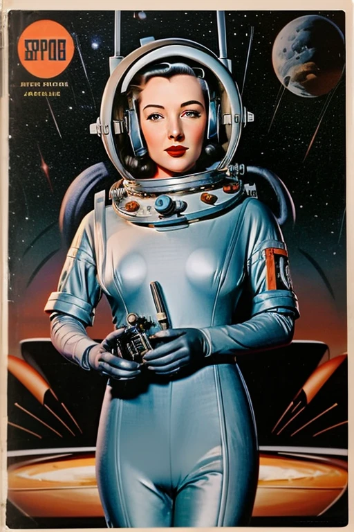 The cover of an old pulp space sci-fi book from the 1940s featured a beautiful woman in a sexy astronaut helmet and a pulp-style space jacket.