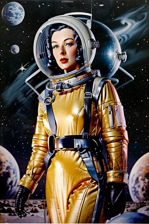 The cover of an old pulp space sci-fi book from the 1940s featured a beautiful woman in a sexy astronaut helmet and a pulp-style space jacket.