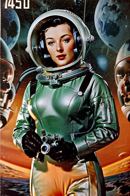 The cover of an old pulp space sci-fi book from the 1940s featured a beautiful woman in a sexy astronaut helmet and a pulp-style space jacket.