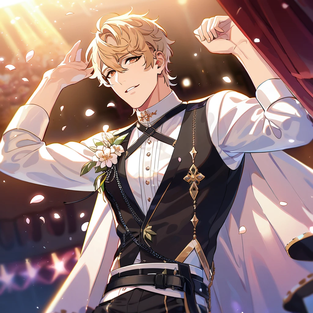 absurdres, highres, ultra detailed, HDR, master piece, best quality, perfect face, beautiful eyes, delicate features, Quincy, blond messy hair, expressive amber eyes, Nu Carnival, solo, sexy man, handsome, idol, idol white and black clothes, black belt, cape, stage, lights, petals, flowers