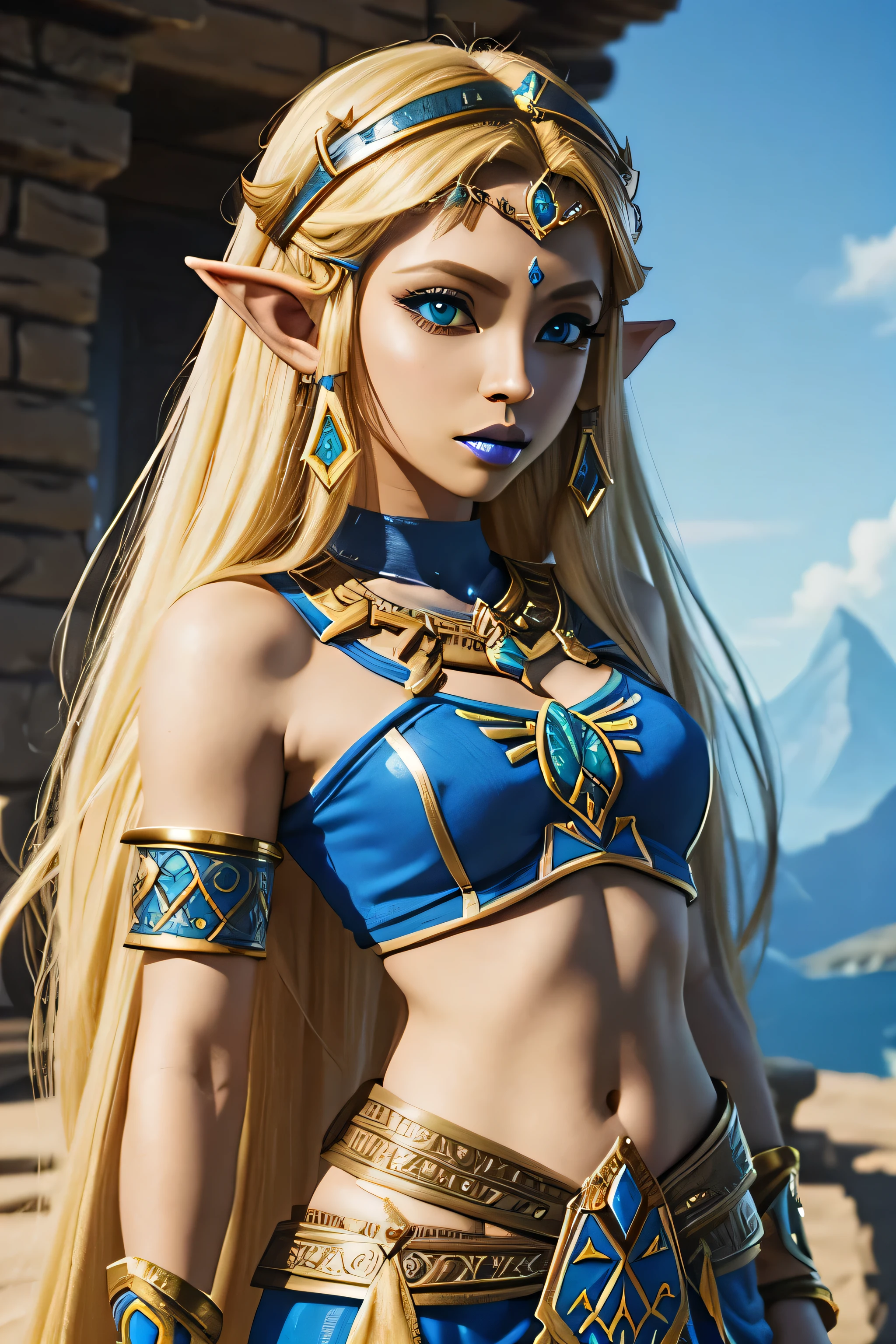 princesse zelda(le légende de Zelda) en tenue Gerudo, peau claire , rouge à lèvres bleu, blond, visage de Zelda
