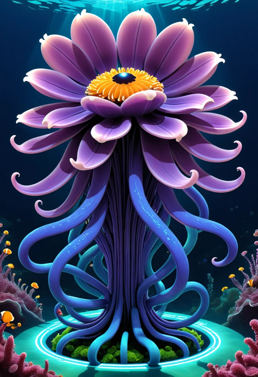 A gigantic anemone with undulating tentacles, some shaped like electronic circuits.