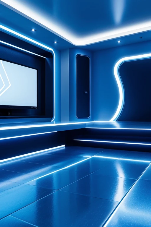 Futuristic TV set ambience with slightly curved walls with a metallic sheen, diffused blue light on the floor and a few protruding polygons for a resolutely designer look.