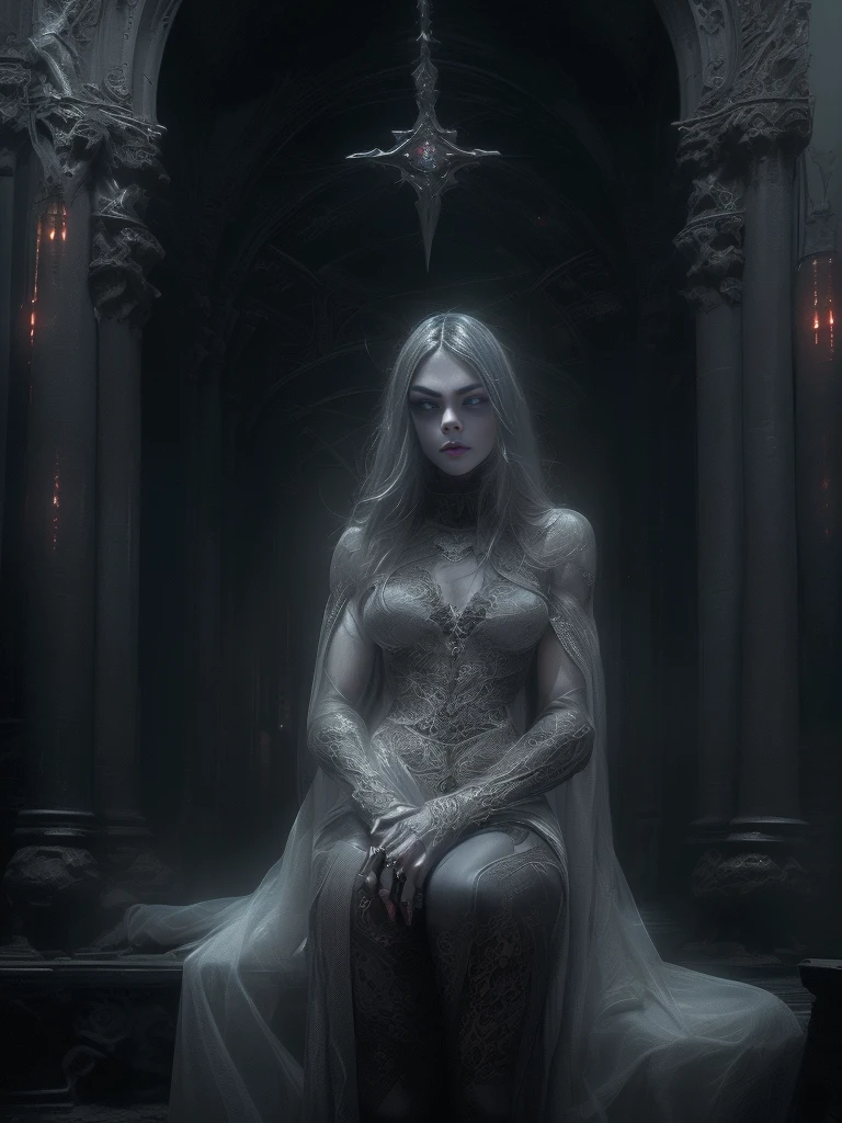((Space, Distant stars), (Fantastic image, 1 girl), (Other worlds, light of distant stars), (Dark cold colors mixed with warm shades). (Cara Delevingne: 1.25), (pure white skin: 1 ,25), (White skin girl, realistic detailed skin), (very beautiful vampire girl)).((gothic Face, gothic horror atmosphere, sinister gothic aesthetics), (gothic art style, creepy gothic portrait, dark fantasy, mixed with realism, gothic aesthetics)). ((She wears a sheer, translucent dress that accentuates her slender figure), (dressed in ornate medieval vampire armor), (dynamic pose), (perfect fingers: 1.24), (old: 1.5), (vampire body armor: 1.25), (graceful, strong, sophisticated figure: 1.5), (She is an angel descended into the underworld). and eyes, a real masterpiece, with an atmosphere of horror, gothic, blood, haunted cathedrals). (Dim lighting, dark surroundings - the creepy cinematic setting is great)). ((clear focus, volumetric fog near the floor, 8K, UHD, DSLR, high quality, grainy. photorealism, lomography, fantastic dark art, utopian reality)).