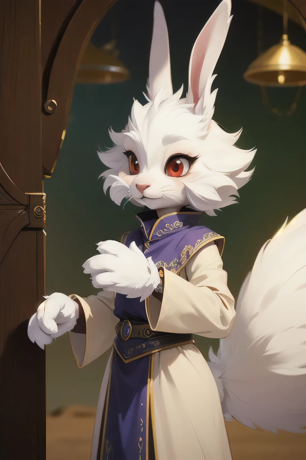 fantasy art , 8K, HD,white,red eyes,cute,pretty,rabbit,standing,anthro,white furry,looking in the camera,fluffy hands,masterpiece,perfect art,playing innocently,male
