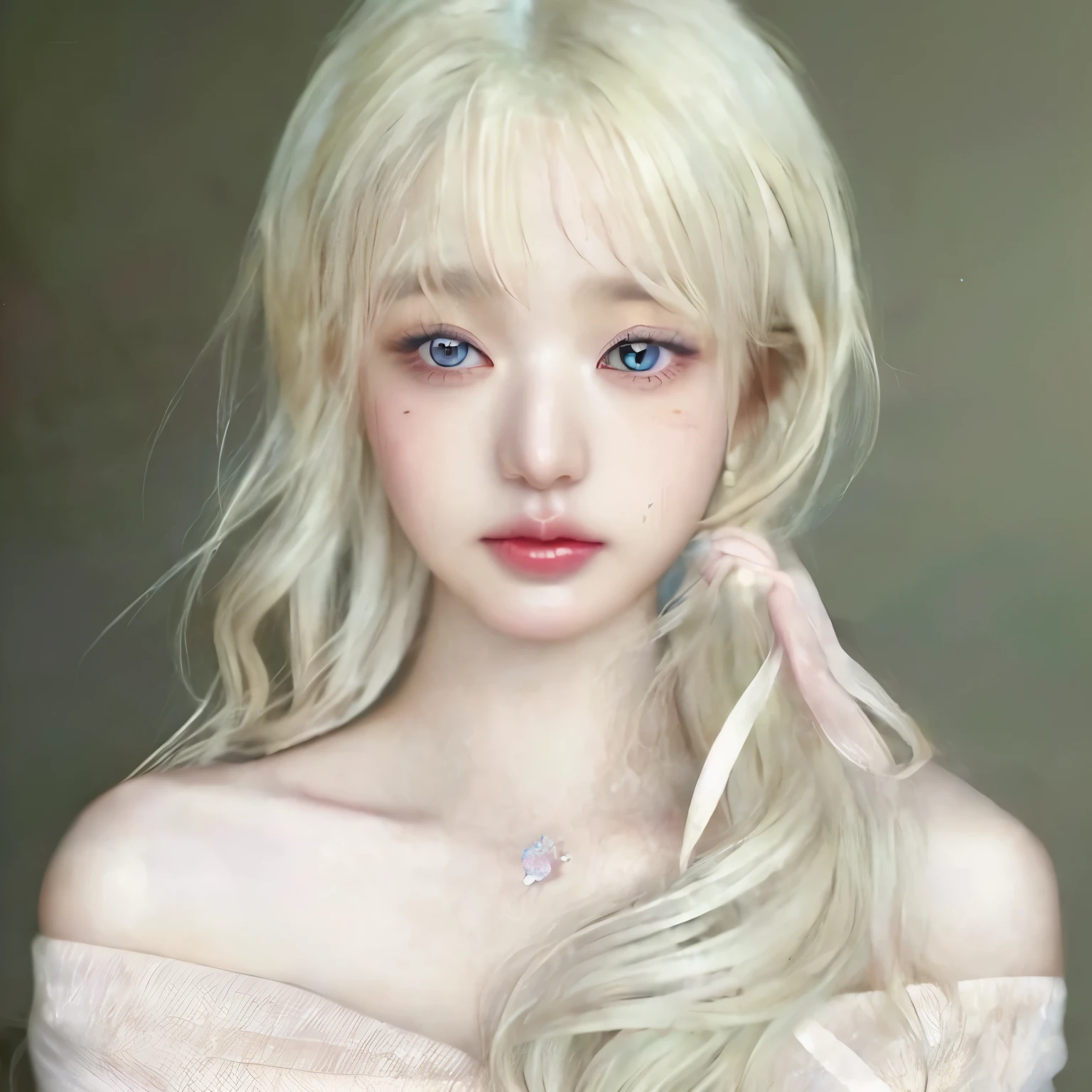 (best quality,highres),(realistic:1.37),blue eyes,beautiful detailed eyes, korean,portrait,soft lighting,vivid colors,subtle smile,flowing hair,modern dress,delicate features,feminine charm,serene background,ethereal atmosphere,graceful pose,subdued colors,subtle makeup,fine details,luminous skin,long eyelashes,pure and innocent beauty,mesmerizing gaze,gentle and elegant demeanor,stunning beauty,filled with tranquility and grace,subtle yet captivating expression]