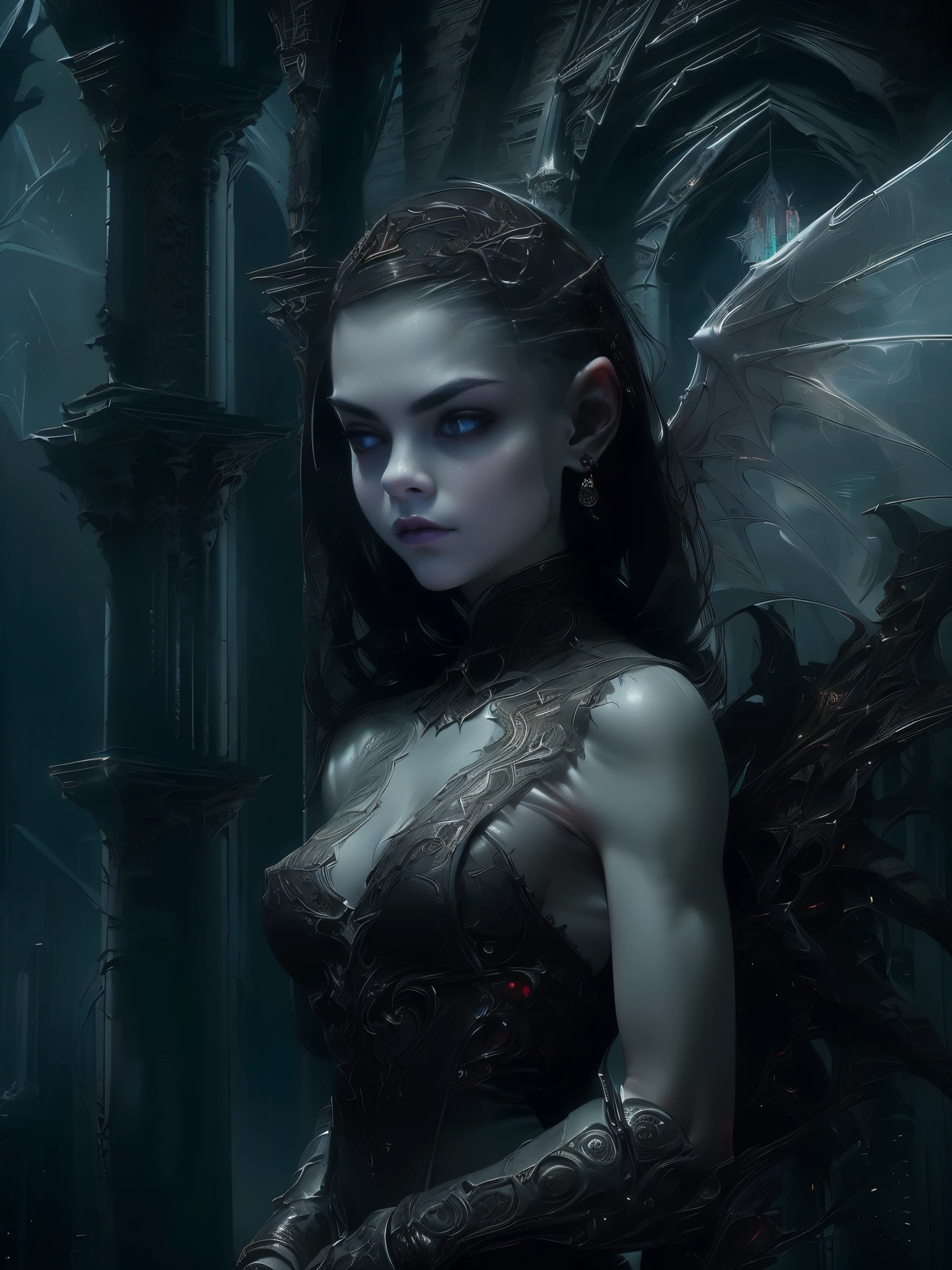 ((Space, Distant stars), (Fantastic image, 1 girl), (Other worlds, light of distant stars), (Dark cold colors mixed with warm shades). (Cara Delevingne: 1.25), (pure white skin: 1 ,25), (White skin girl, realistic detailed skin), (very beautiful vampire girl)).((gothic Face, gothic horror atmosphere, sinister gothic aesthetics), (gothic art style, creepy gothic portrait, dark fantasy, mixed with realism, gothic aesthetics)). ((She wears a sheer, translucent dress that accentuates her slender figure), (dressed in ornate medieval vampire armor), (dynamic pose), (perfect fingers: 1.24), (old: 1.5), (vampire body armor: 1.25), (graceful, strong, sophisticated figure: 1.5), (She is an angel descended into the underworld). and eyes, a real masterpiece, with an atmosphere of horror, gothic, blood, haunted cathedrals). (Dim lighting, dark surroundings - the creepy cinematic setting is great)). ((clear focus, volumetric fog near the floor, 8K, UHD, DSLR, high quality, grainy. photorealism, lomography, fantastic dark art, utopian reality)).