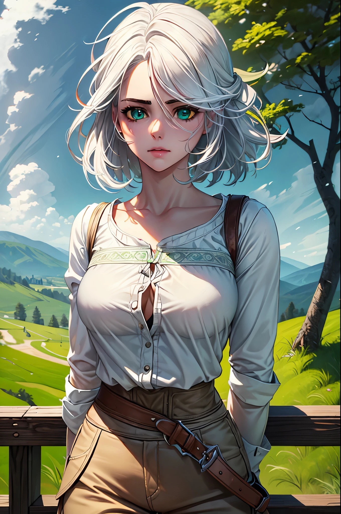 (masterpiece, best quality:1.2), expressive eyes, perfect face, highres, 1girl, solo,  W3Ciri, white hair, green eyes, white shirt, long sleeves, brown pants, landscape, standing, upper body portrait, looking at the viewer