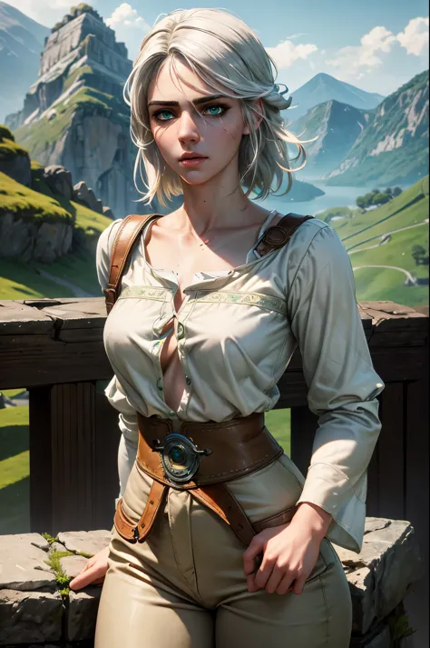 (masterpiece, best quality:1.2), expressive eyes, perfect face, highres, 1girl, solo,  W3Ciri, white hair, green eyes, scar on f...