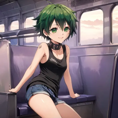 noir ecchi anime, full body, pov, dynamic view, medium far 45º angle, hd+ quality, cute girl, short green hair, tomboy, with ere...