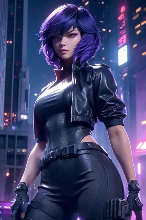 foling on rdge building, top view, motoko kusanagi from ghost in the shell , detailed face expression, beautiful detailed purple...