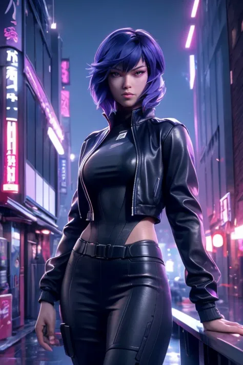 foling on rdge building, top view, motoko kusanagi from ghost in the shell , detailed face expression, beautiful detailed purple...