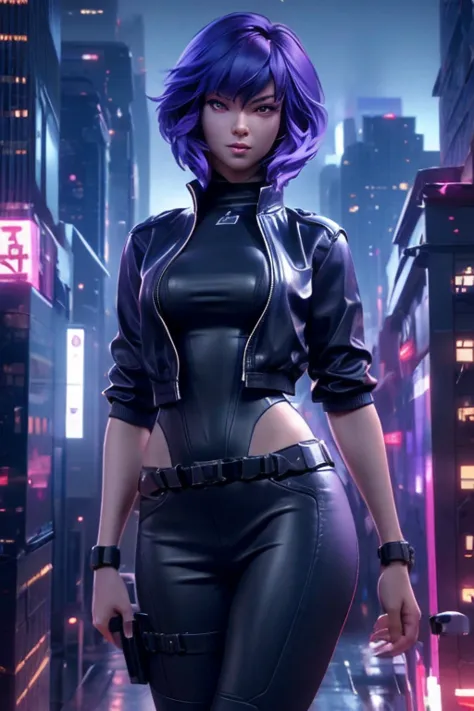 foling on rdge building, top view, motoko kusanagi from ghost in the shell , detailed face expression, beautiful detailed purple...