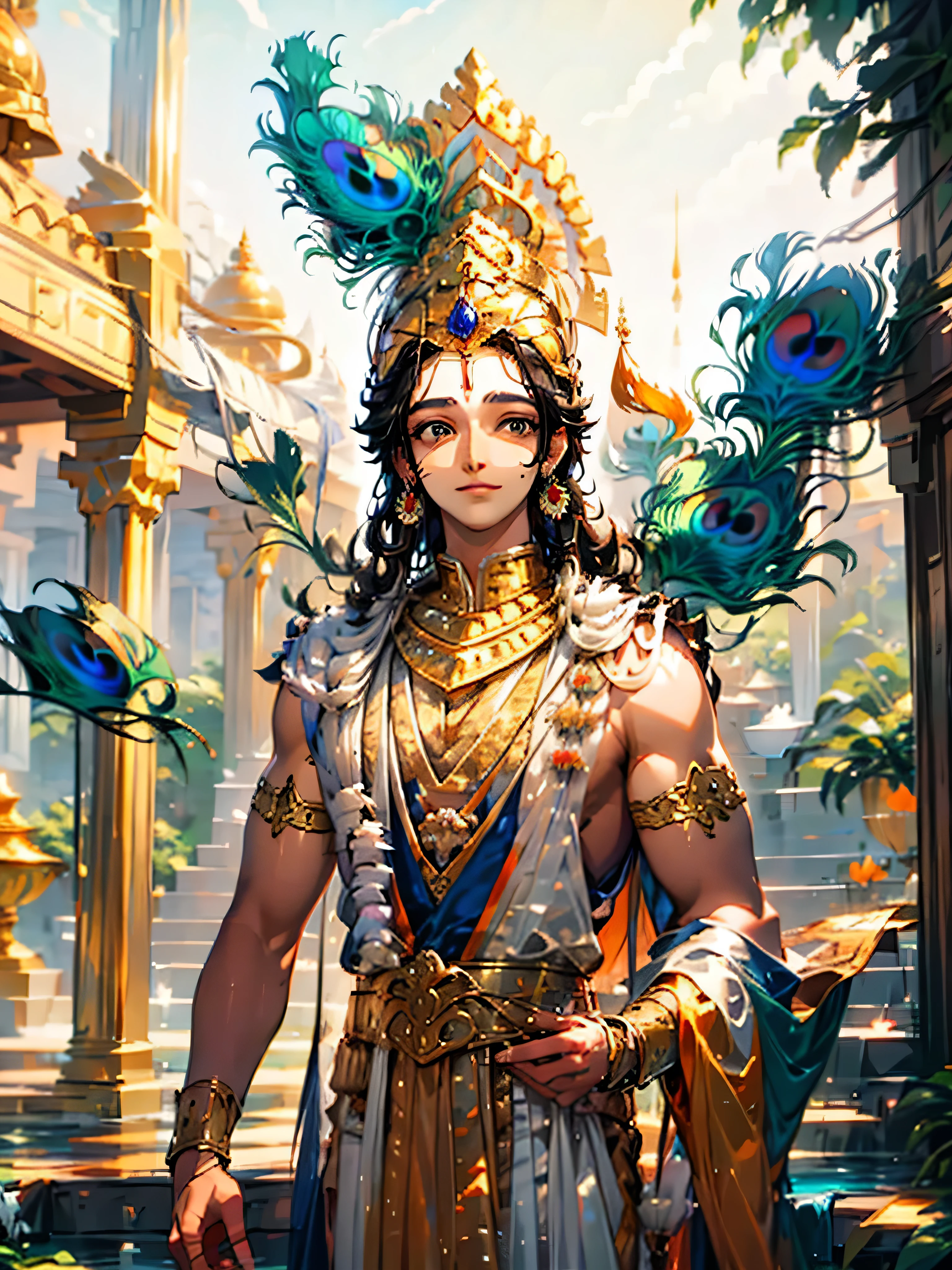 Krishna, a hindu god. He wears a gentle smile, reflecting his divine nature. In his hands, he holds flutes, and atop his head rests a majestic peacock feathers. 