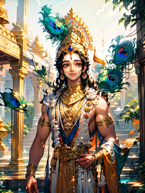 Krishna, a hindu god. He wears a gentle smile, reflecting his divine nature. In his hands, he holds flutes, and atop his head re...
