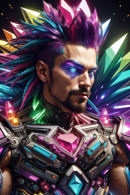 macho, cabelo de cores punk,  , Estilo escuro, neon glowing rainbow background, rainbow gems, gemtech 