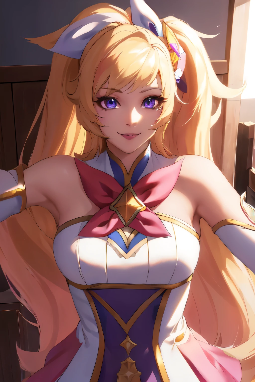 (solo, 1girl), (absurdres, ,highres, official wallpaper, poster), (masterpiece, best quality:1.2), (illustration, realistic), (perfect details, highest detailed, extreme detailed), dramatic light, starguardianseraphine, (white thighhighs, elbow gloves, hair ornament, star guardian \(league of legends\), neck ribbon, star \(symbol\), hair bow, blonde hair, long hair, ponytail), (street, city, Heart shaped pupils, smile), (1girl solo, kabedon pov)