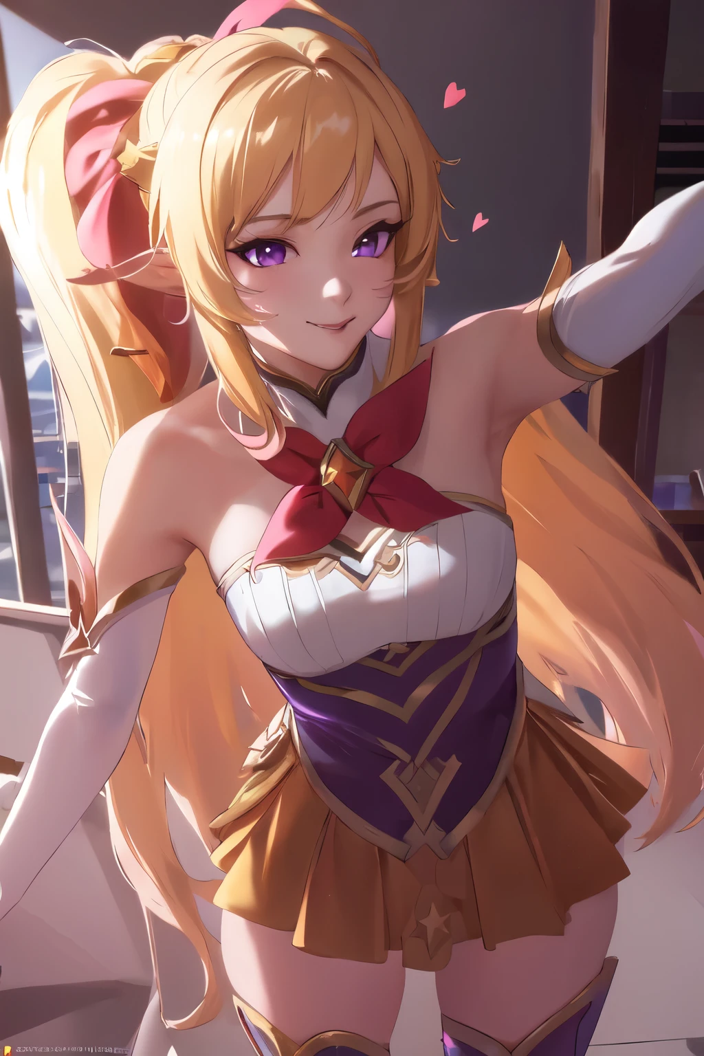 (solo, 1girl), (absurdres, ,highres, official wallpaper, poster), (masterpiece, best quality:1.2), (illustration, realistic), (perfect details, highest detailed, extreme detailed), dramatic light, starguardianseraphine, (white thighhighs, elbow gloves, hair ornament, star guardian \(league of legends\), neck ribbon, star \(symbol\), hair bow, blonde hair, long hair, ponytail), (street, city, Heart shaped pupils, smile), (1girl solo, kabedon pov)