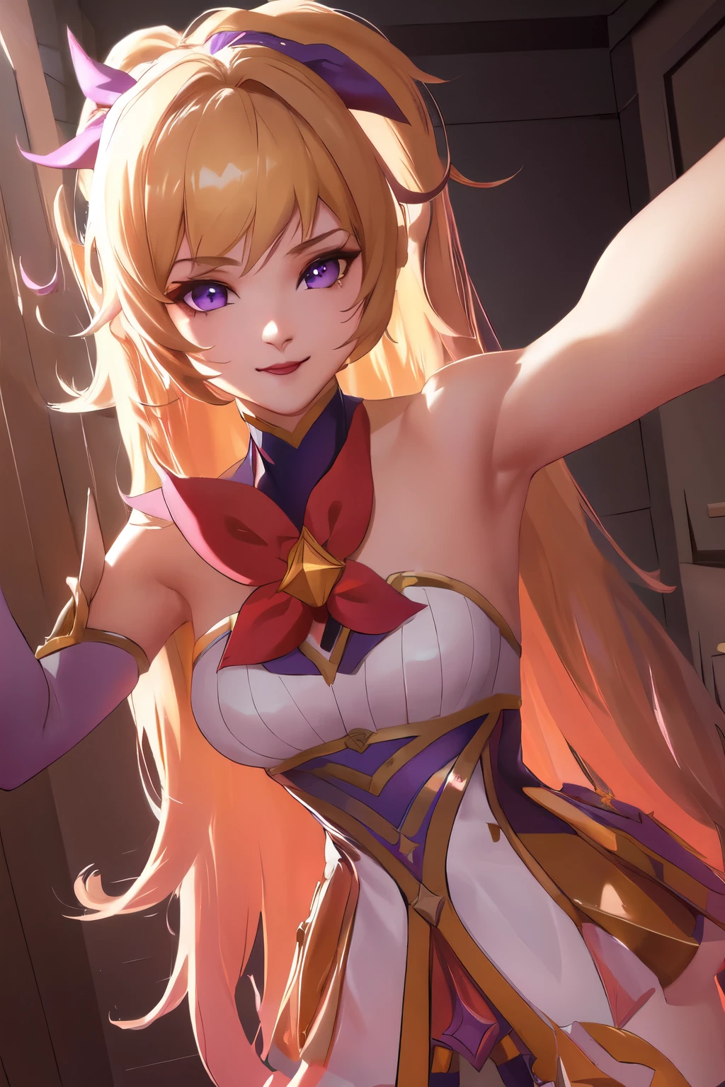 (solo, 1girl), (absurdres, ,highres, official wallpaper, poster), (masterpiece, best quality:1.2), (illustration, realistic), (perfect details, highest detailed, extreme detailed), dramatic light, starguardianseraphine, (white thighhighs, elbow gloves, hair ornament, star guardian \(league of legends\), neck ribbon, star \(symbol\), hair bow, blonde hair, long hair, ponytail), (street, city, Heart-shaped pupils:1.2, smile), (1girl solo, kabedon pov)