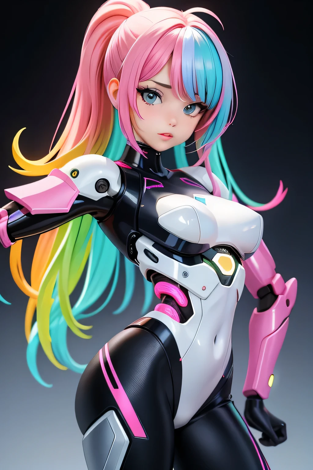 Une femme, 25 ans, mangas, cheveux longs, cheveux multicolores, beaucoup de Détails, monde futuriste, Neon lights, armure robotique