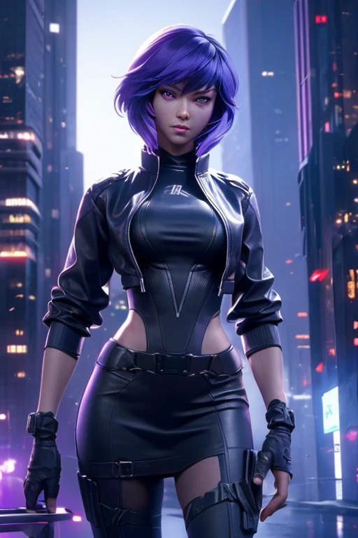 foling on rdge building, top view, Motoko Kusanagi from Ghost in the Shell , detailed face expression, beautiful detailed purple eyes, open clothes, open black jacket, black costume, cropped legs, beautiful detailed lips, long eyelashes, ,dramatic lighting, realistic colors, highres, vivid colors, stunning background, 8K image quality, Masterpiece