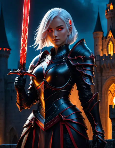 cinematic shot of a female knight wearing a super luxurious black armor with red incrustation, beautiful super white hair, neon ...