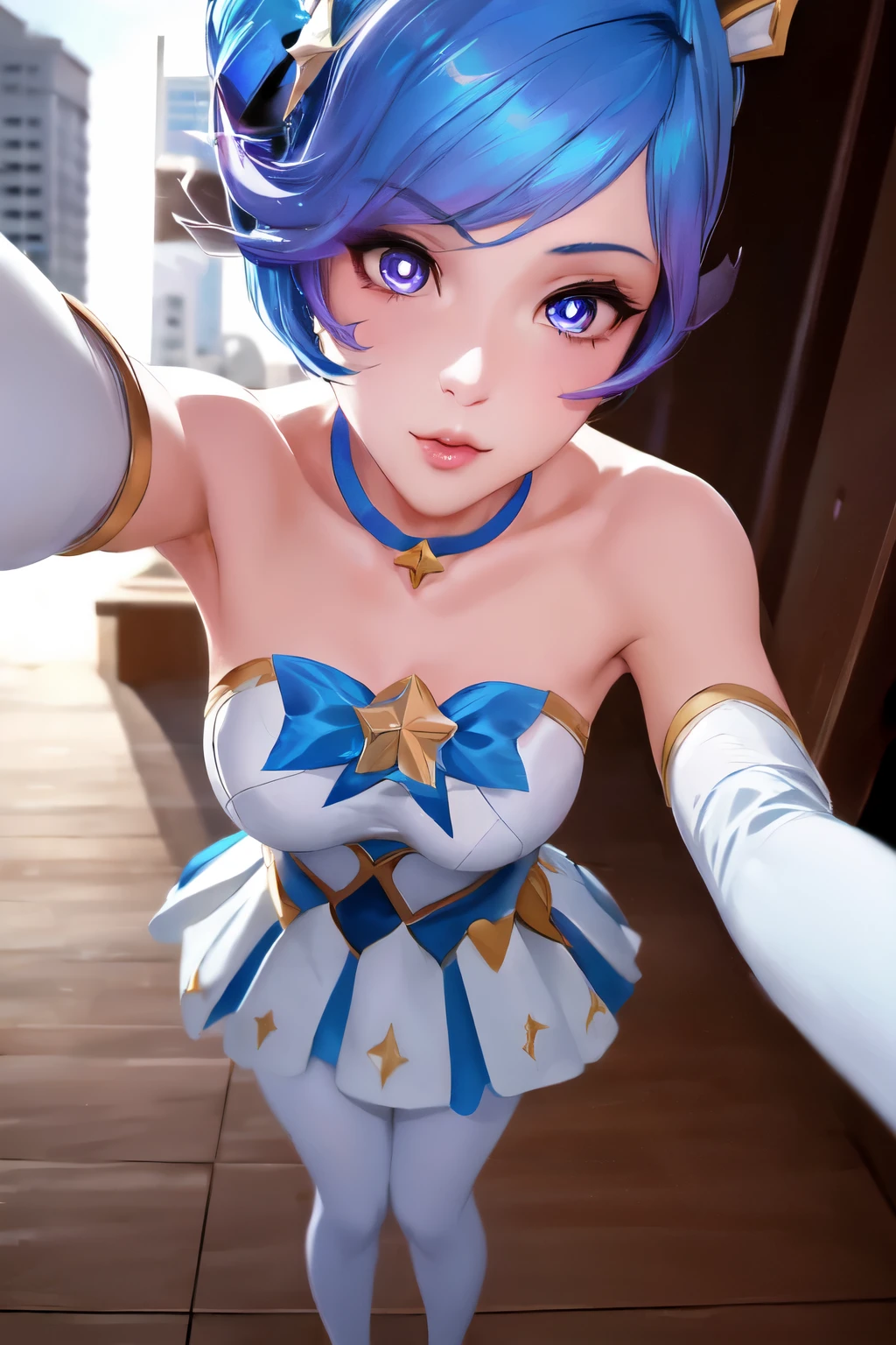 (solo, 1girl), (absurdres, ,highres, official wallpaper, poster), (masterpiece, best quality:1.2), (illustration, realistic), (perfect details, highest detailed, extreme detailed), dramatic light, starguardianorianna, (light blue pantyhose, elbow gloves, hair ornament, star guardian \(league of legends\), (neck ribbon), star \(symbol\), blue hair), (street, city, Heart-shaped pupils:1.2), (1girl solo, kabedon pov)