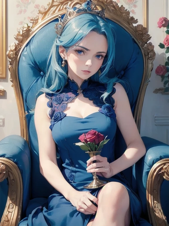 (Best image quality, masterpiece:1.2), (Ultra high definition illustration), (Very beautiful mature queen:1.3), (1 girl:1.2), alone, (Shoot from very low:1.3) ,(Condescending look:1.3), (Gorgeous sleeveless queen blue dress with roses:1.3), Sit on the throne chair, Queen&#39;s Crown, whole body, Round baby face, (Glasses, Blonde short cut), (White thigh-high pantyhose:1.2), (Wicked Smile, Mean face, Mesgaquismiles), Luxurious palace room, Fancy Room, RPG Royale,，Presenting freshly removed panties, (Sexy white lace panties:1.2), (Pee stained panties:1.4), (Urine stained panties:1.2), Holding, (Holdingパンティ), Look down ,(shy:1.2)，A shy smile，Low Angle，Bright colors，watercolor，A shy smile，((surely:Precise five fingers))、surely:Accurate and detailed beautiful female fingers，Excited facial expression