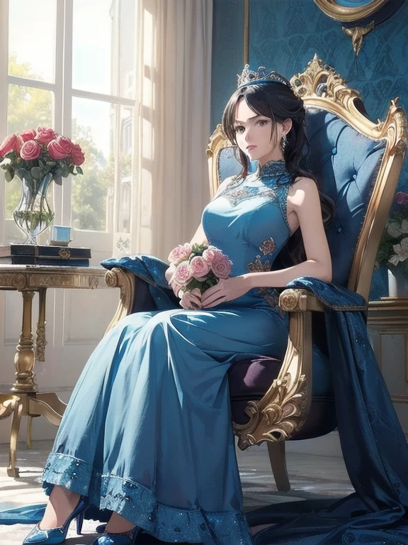 (Best image quality, masterpiece:1.2), (Ultra high definition illustration), (Very beautiful mature queen:1.3), (1 girl:1.2), alone, (Shoot from very low:1.3) ,(Condescending look:1.3), (Gorgeous sleeveless queen blue dress with roses:1.3), Sit on the throne chair, Queen&#39;s Crown, whole body, Round baby face, (Glasses, Blonde short cut), (White thigh-high pantyhose:1.2), (Wicked Smile, Mean face, Mesgaquismiles), Luxurious palace room, Fancy Room, RPG Royale,，Presenting freshly removed panties, (Sexy white lace panties:1.2), (Pee stained panties:1.4), (Urine stained panties:1.2), Holding, (Holdingパンティ), Look down ,(shy:1.2)，A shy smile，Low Angle，Bright colors，watercolor，A shy smile，((surely:Precise five fingers))、surely:Accurate and detailed beautiful female fingers，Excited facial expression