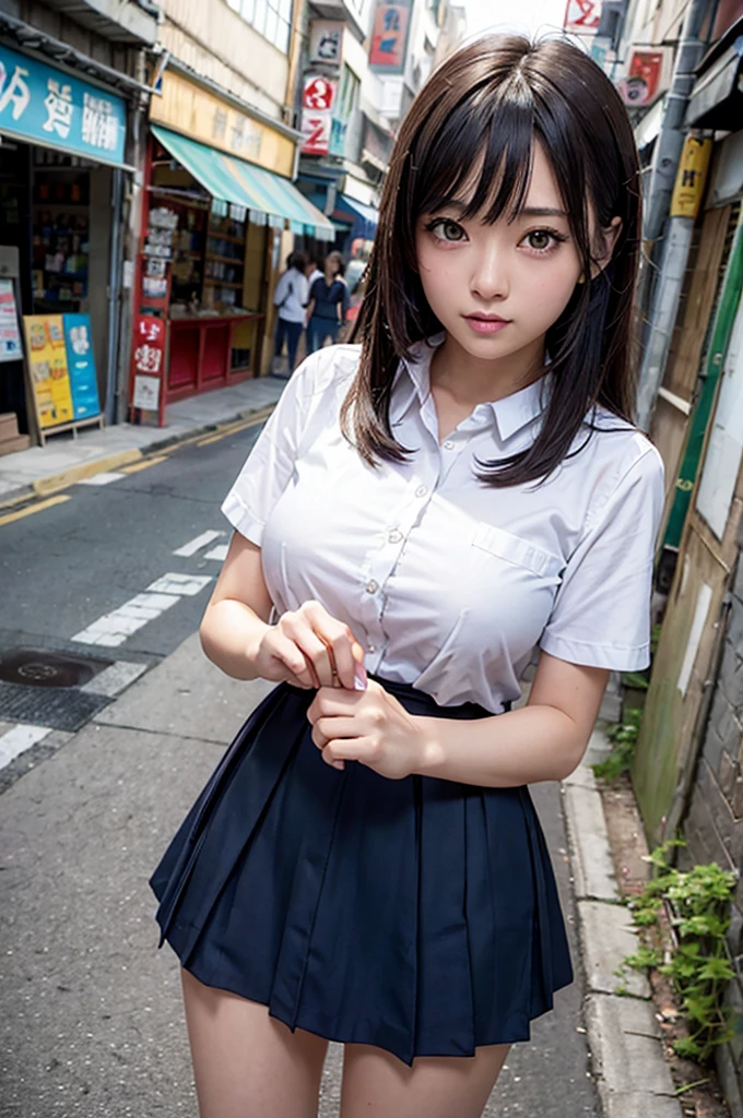 In 8K,highest quality,The real picture,Intricate details,超A high resolution,Depth Field,Masseter muscle area,Natural soft light,Professional Lighting,One Girl,(cute:1.2),Very beautiful 17 year old manga girl,Ultra realistic anime, Photorealistic anime girl rendering, cute , Enchanting anime girl, Realistic young gravure idol, Realistic Anime 3D Style,Detailed eyes,((Brown eyes)),(Black Hair),(Bans),Dynamic Pose、Portrait、Japanese、Laughter、Lips、(Huge boobs)、(Alley:1.2)、Look at the viewers、Natural soft light、Whole Body Ezbian、alone、 student、University、uniform、((Short sleeve dress shirt))、The chest of the dress shirt is about to burst、Bobby Socks、Dark blue pleated skirt、Daytime、on the road、