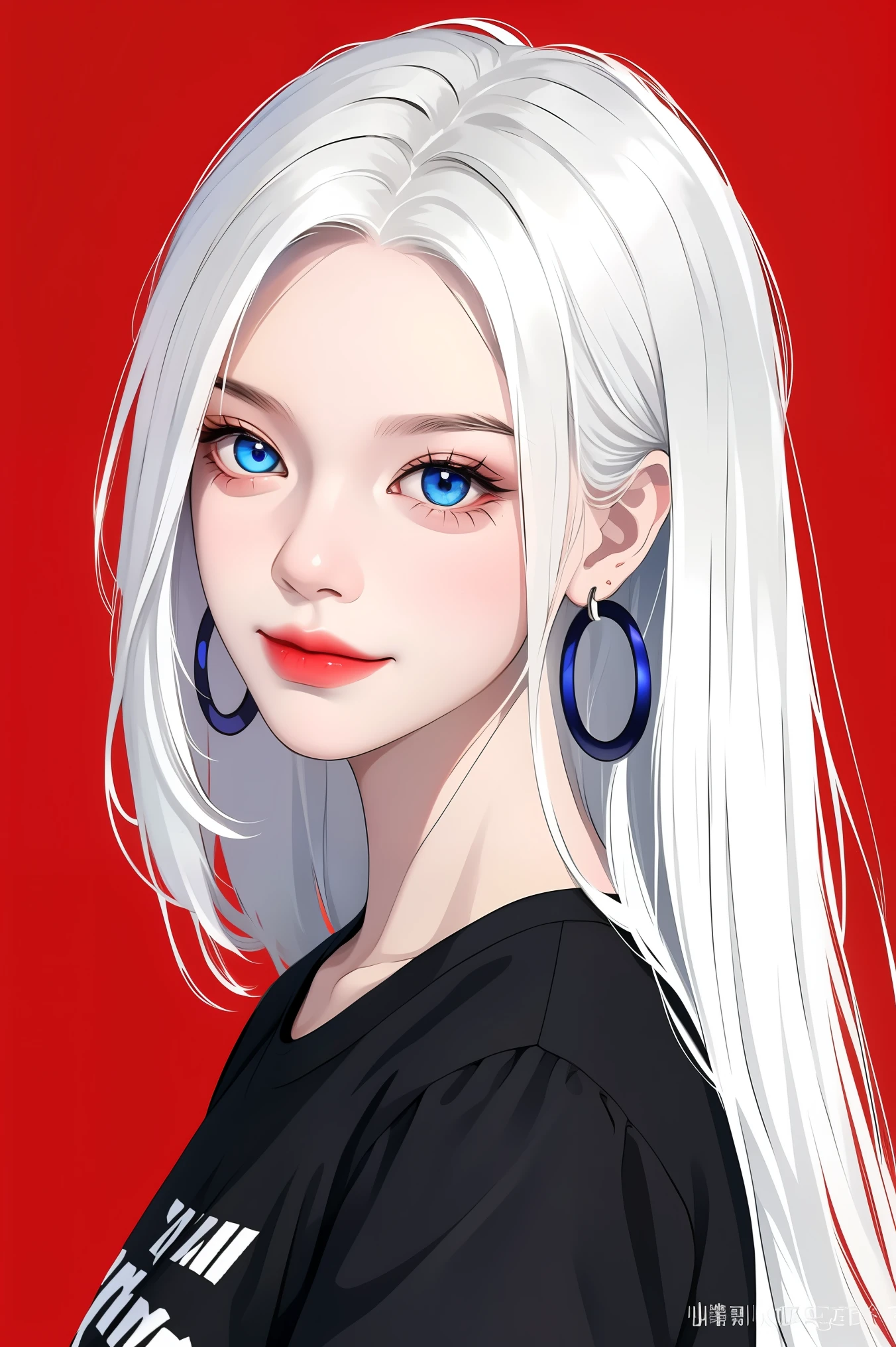 1 jolie fille,white cheveux,droit_cheveux,long cheveux,cheveux wings,cerceau_des boucles d&#39;oreilles,yeux bleus,t-shirts noirs à manches courtes,fond de couleur unie, expression froide, Fond simple], minimaliste, Sourire démoniaque, face à la caméra, Regardant le public