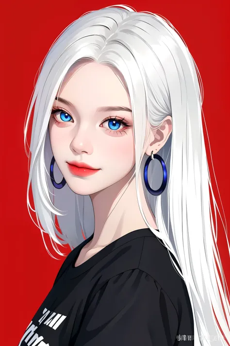 1 cute girl,white hair,straight_hair,long hair,hair wings,hoop_earrings,blue eyes,black short sleeve T-shirts,solid color backgr...