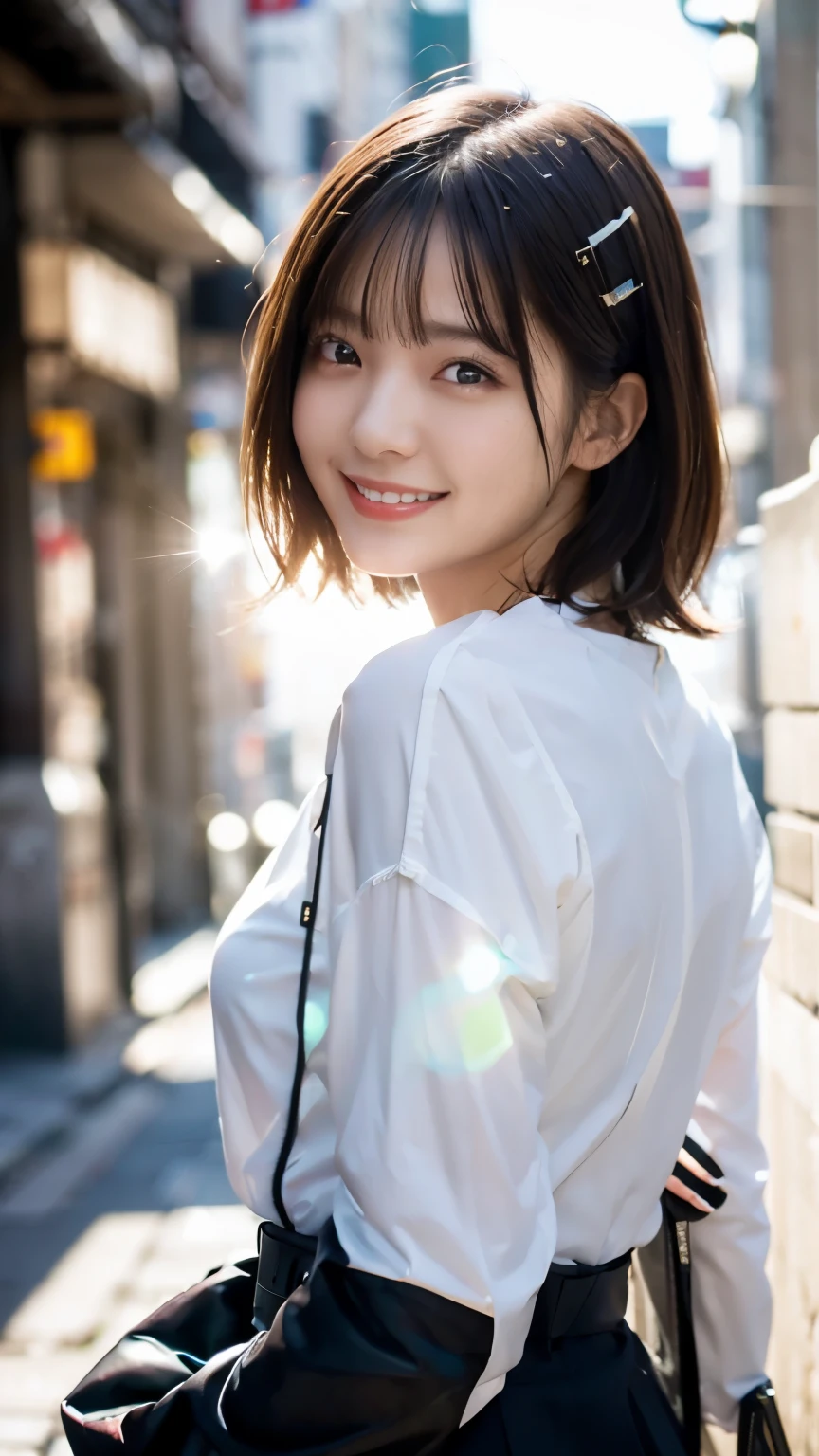 (highest quality,masterpiece:1.3,Ultra-high resolution),(Very detailed,Caustics,8k),(Realistic:1.4,RAW shooting),1 girl,(Smiling and looking at the camera),20-year-old,cute,Japanese,Short black hair,Long sleeve blouse,big ,Bust up shot,street,Face Focus,Natural light,Backlight,Lens flare,Professional Writing