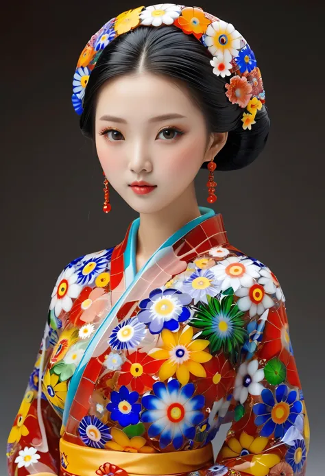 Millefiori glass style,Chinese Girl，No clothes，Glass covered body