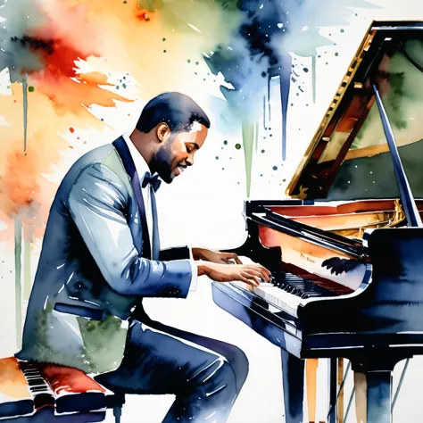 masterpiece, highest quality, Watercolor, jazz, piano,