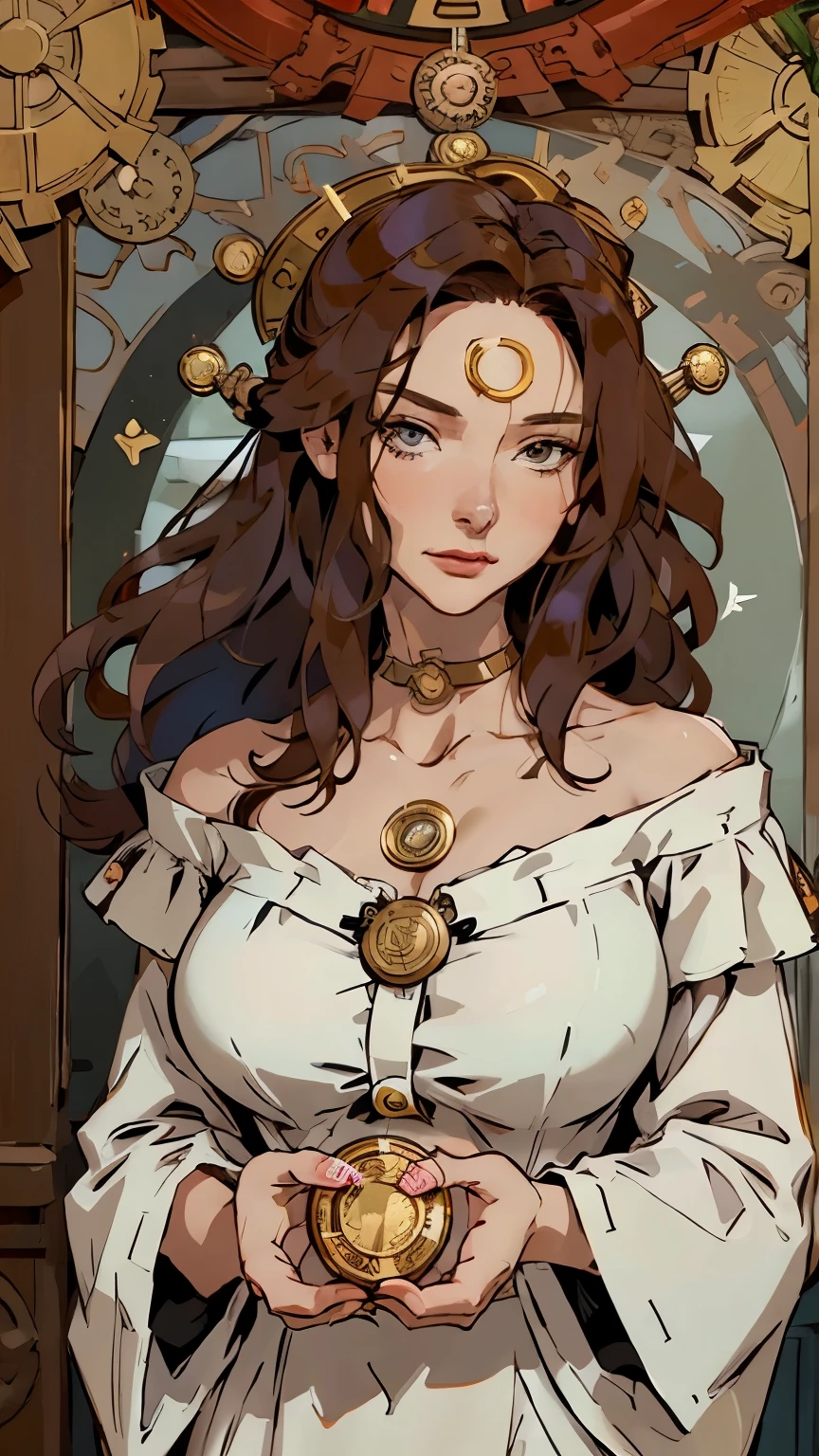 Korean woman holding a giant coin, Tarot cards, ace of pentacle, Off shoulder dress, ((Lonely large coin)), Roman frame, queen coin, brown hair, Clip-on hair, Beautiful hair style