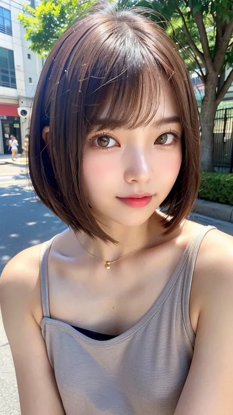 (((Definitely shoulder length, short, Straight Brown Bob)))、(((In her background is a summer park、Pose like a model at the beaut...