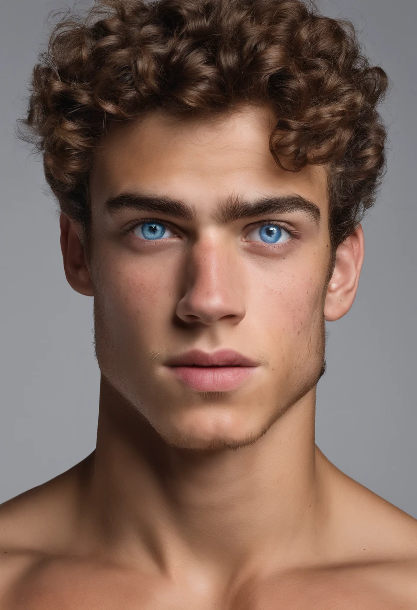 Jeune homme brun de 18 ans très musclé, freckle,curly hair and blue eyes -  SeaArt AI