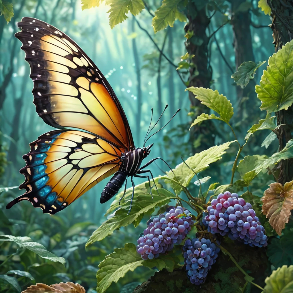 Futuristic ethereal butterfly，Science Fiction Butterflies，Futuristic butterflymechanical butterfly，Fundo de selva futurista，obra-prima，（papel de parede CG unificado 8k muito detalhado），（melhor qualidade），（Best Best Illustration），（A melhor sombra），The background is a forest theme，com elementos naturais，flores desabrochando，paleta de cores quentes，cercado por delicadas folhas e galhos，raios de sol，（elementos da natureza），（tema selva），（folhas），Grape trees，borboletas，（folhas requintadas），（Particle Effect），isometric 3D Model，Renderizado por Octane， ray tracing，ultra-detalhado