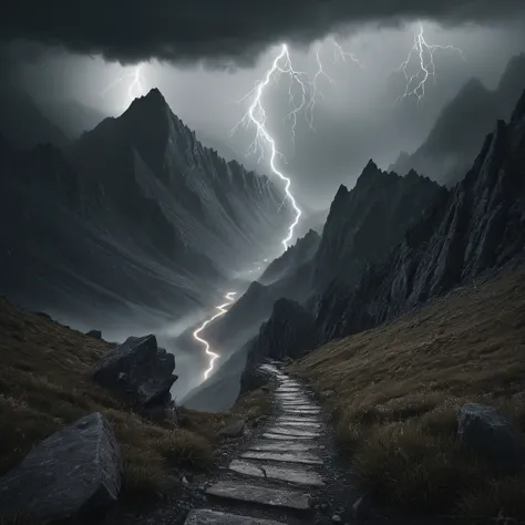 develop a hauntingly atmospheric tableau of a foreboding mountain pass winding treacherously along jagged peaks and valleys. vei...