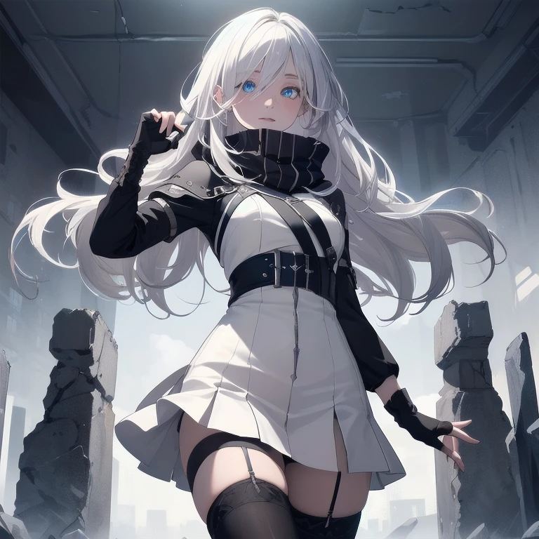 (Masterpiece, Best quality, ultra high resolution), 1 girl, Silver hair, Pale skin, Beautiful detailed face, Detailed eyes, posing on a, On a white background, Dynamic lighting, dynamic shadowing, looking at viewer, White stone punk fashion,(Posing for a photo),((White clothes)), (((black thigh highs))), jean shorts, skirt, white sweater, ((Blue eyes)), happy, smiling, black straps, black strap design, ((Long white hair)), energetic, cheerful, cityscape background, (((long black sleeves into fingerless black gloves))), ((long black sleeves)), black sleeves