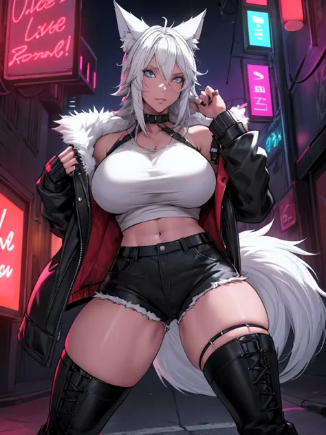 Single girl, Anime tomboy, Short, Long white hair, wolf ears, wolf tail, blue eyes, thigh high fishnets, black combat boots, wea...