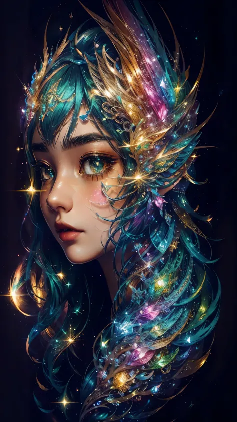 this is a highly detailed and semi-realistic fantasy art image with beautiful layers of shimmer, glimmering silks, and a glitter...